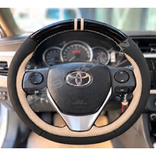 Hasakman Toyota Avensis T270 Dikme Direksiyon Kılıfı Parlak Siyah Bej Detaylı Bej Çift Yüzük ve Dikiş 2015-2018