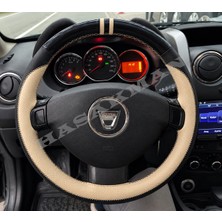 Hasakman Dacia Sandero Dikme Direksiyon Kılıfı Parlak Siyah Bej Detaylı Bej Çift Yüzük ve Dikiş 2012-2016