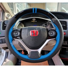 Hasakman Honda Accord Mk9 Dikme Direksiyon Kılıfı Parlak Siyah Mavi Detaylı Mavi Çift Yüzük ve Dikiş 2013-2017