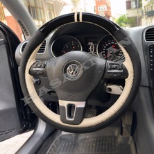 Hasakman Vw Touran 1 Dikme Direksiyon Kılıfı Parlak Siyah Bej Detaylı Bej Çift Yüzük ve Dikiş 2010-2015