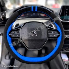 Hasakman Peugeot 2008 Dikme Direksiyon Kılıfı Parlak Siyah Mavi Detaylı Mavi Çift Yüzük ve Dikiş 2019-2024