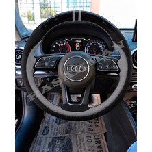 Hasakman Audi A4 B9 Dikme Direksiyon Kılıfı Parlak Siyah Gri Detaylı Gri Çift Yüzük ve Dikiş 2016-2019