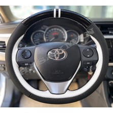 Hasakman Toyota Corolla E170 Dikme Direksiyon Kılıfı Parlak Siyah Beyaz Detaylı Beyaz Çift Yüzük ve Dikiş 2013-2019