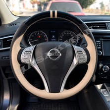 Hasakman Nissan X-Trail T32 Dikme Direksiyon Kılıfı Parlak Siyah Bej Detaylı Bej Çift Yüzük ve Dikiş 2014-2017
