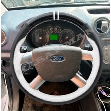 Hasakman Ford Fiesta Mk5 Dikme Direksiyon Kılıfı Parlak Siyah Beyaz Detaylı Beyaz Çift Yüzük ve Dikiş 2006-2008