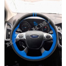 Hasakman Ford Kuga Mk2 Dikme Direksiyon Kılıfı Parlak Siyah Mavi Detaylı Mavi Çift Yüzük ve Dikiş 2012-2019