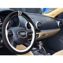 Hasakman Audi A5 8t Dikme Direksiyon Kılıfı Parlak Siyah Beyaz Detaylı Beyaz Çift Yüzük ve Dikiş 2012-2016
