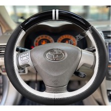 Hasakman Toyota Corolla E120 Dikme Direksiyon Kılıfı Parlak Siyah Beyaz Detaylı Beyaz Çift Yüzük ve Dikiş 2002-2007