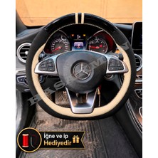 Hasakman Mercedes Glc Dikme Direksiyon Kılıfı Parlak Siyah Bej Detaylı Bej Çift Yüzük ve Dikiş 2015-2019