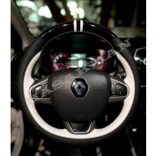 Hasakman Renault Lutecia 4 Dikme Direksiyon Kılıfı Parlak Siyah Beyaz Detaylı Beyaz Çift Yüzük ve Dikiş 2013-2019