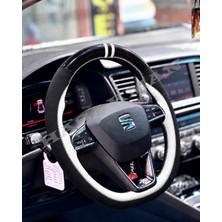Hasakman Seat Leon Mk3.5 Dikme Direksiyon Kılıfı Parlak Siyah Beyaz Detaylı Beyaz Çift Yüzük ve Dikiş 2017-2020