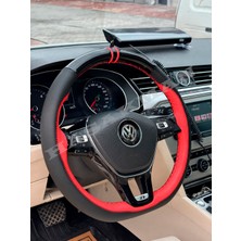 Hasakman Vw Golf 7.5 Dikme Direksiyon Kılıfı Parlak Siyah Kırmızı Detaylı Kırmızı Çift Yüzük ve Dikiş 2017-2020