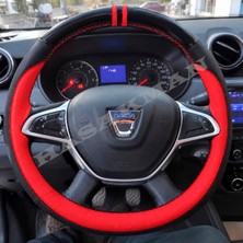 Hasakman Dacia Lodgy Dikme Direksiyon Kılıfı Parlak Siyah Kırmızı Detaylı Kırmızı Çift Yüzük ve Dikiş 2017-2022