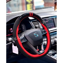 Hasakman Seat Toledo Mk4 Dikme Direksiyon Kılıfı Parlak Siyah Kırmızı Detaylı Kırmızı Çift Yüzük ve Dikiş 2018-2019