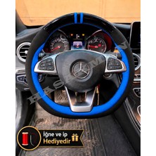 Hasakman Mercedes Cla Dikme Direksiyon Kılıfı Parlak Siyah Mavi Detaylı Mavi Çift Yüzük ve Dikiş 2016-2019