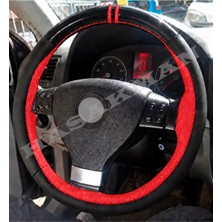 Hasakman Vw Scirocco 3 Dikme Direksiyon Kılıfı Parlak Siyah Kırmızı Detaylı Kırmızı Çift Yüzük ve Dikiş 2008-2009