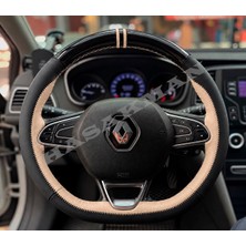 Hasakman Renault Koleos 2 Dikme Direksiyon Kılıfı Parlak Siyah Bej Detaylı Bej Çift Yüzük ve Dikiş 2016-2024