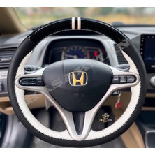 Hasakman Honda Cr-V Mk3 Dikme Direksiyon Kılıfı Parlak Siyah Beyaz Detaylı Beyaz Çift Yüzük ve Dikiş 2007-2012