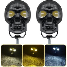 2 Adet LED Spot Far, Atv Utv Scooter Motosiklet Uyumlu, Siyah, Kuru Kafa Tasarım, Sürüş Sis Lambası