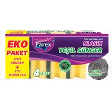 Parex Klasik Yeşil Sünger Oluklu 4'lü + 2’li Ovma Teli
