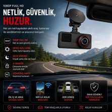 Araç Ici Kamera Wifi 3 Kameralı Full Hd 1080P 30FPS Dash Cam Arka Kamera, Park Modu, Geniş Açılı Gece Görüşlü
