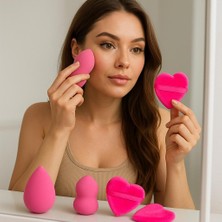Pembe 5 Adet Güzellik Makyaj Süngeri Seti 3 Adet Sünger + 2 Adet Kalpli Pudra Fondöten Bb Krem Uygulama Aparatı Yıkanabilir Sünger -Puff