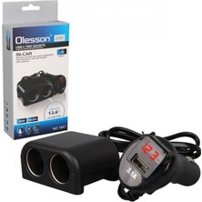 Efnaz Style Olesson 1641 12-24V Tek USB Girişli 120W 80CM Kablolu Dijital Voltaj Ekranlı 2’li Araç Çakmak Çoklayıcı