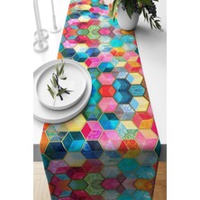 Pelangi Çok Renkli Geometrik Desenli Leke Tutmaz Kumaş Salon Mutfak Masa Değişik Ranır Modelleri Runner, Turuncu-Pembe 40 x 140