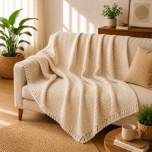 Premium Pamuklu Lilyana Koltuk Örtüsü 170X210 Cm, Çift Taraflı Dekoratif Şal, Tekli, Üçlü, Kanepe, Çekyat ve Berjer Için Koruyucu, Kaymaz, Nefes Alan, Yıkanabilir, Modern Çizgili Tasarım (Krem)
