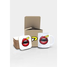 Postermanya Dudak Wow Popart Tasarımlı Baskılı Kupa Bardak Seti, Eğlenceli Özel Hediye Mug