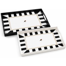 Gaga 2'li Servis Tepsisi Seti - 38 x 28 x 3,5 cm Büyük Boy Sunum Tepsisi - Siyah Beyaz Çizgili Desen - Kulplu Plastik Kahvaltı Çay Kahve Ikram Seti - Mutfak Salon Balkon ve Davet Kullanımı