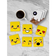 Postermanya (PSTER21282) Emoji Yüzler Standlı Ahşap Bardak Altlığı Seti, 6 Adet Baskılı Bardak Fincan Kahve Altlığı