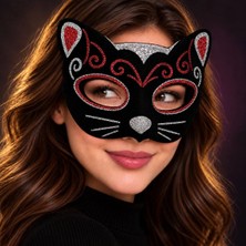 TeknoKapsül Kadife Dokulu Sim Detaylı Işıltılı Kedi Maskesi Kırmızı Gümüş 20X13 cm