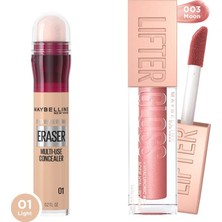 Maybelline New York Instant Anti Age Eraser Kapatıcı, 01 Light + Lifter Gloss Nemlendirici Dudak Parlatıcısı - 003 Moon