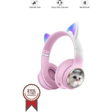 Torima HD11 Pembe Sevimli Kedi Karikatür Kulak LED Işıklı 5.3 Bluetooth Kulak Üstü Kulaklık