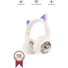 Torima HD11 Beyaz Sevimli Kedi Karikatür Kulak LED Işıklı 5.3 Bluetooth Kulak Üstü Kulaklık