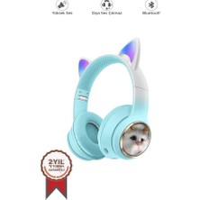 Torima HD11 Mavi Sevimli Kedi Karükatür Kulak LED Işıklı 5.3 Bluetooth Kulak Üstü Kulaklık