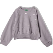 Myg Plus United Colors Of Benetton Kız Çocuk Lila Önü Taş Detaylı Ribanalı Bisiklet Yaka Sweatshirt