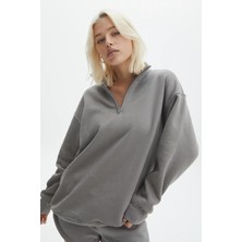 Myg Plus Madmext Kadın Gri Fermuarlı Yaka Oversize Sweatshirt, Xl