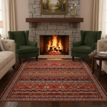 Carpettex Kırmızı Kahve Dijital Baskılı Etnik Desenli Kaymaz Tabanlı Yıkanabilir Leke Tutmaz Antibakteriyel