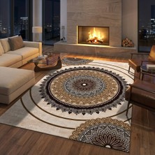 Carpettex Kahverengi Bej Tonlarda Mandala Desenli Dijital Baskılı Kaymaz Tabanlı Halı Dijital Baskı Halı 7 mm