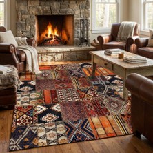 Carpettex Turuncu Kahve Çok Renkli Salon Halısı Etnik Patchwork Dijital Baskılı Kaymaz Tabanlı Halı Dijital