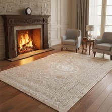 Carpettex Bej Klasik Motifli Dijital Baskılı, Kaymaz Tabanlı, Yıkanabilir ve Leke Tutmaz Antibakteriyel Halı