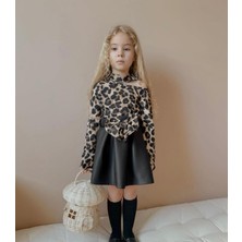 Minimoa Kids Kız Çocuk Leopar Desenli Uzun Kollu Bluz ve Deri Görünümlü Etek 2’li Kombin Takım