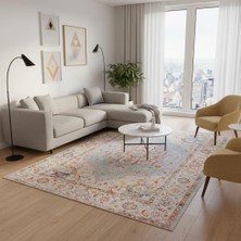 Carpettex Mavi Turuncu Vintage Desenli Dijital Baskılı, Kaymaz Tabanlı, Yıkanabilir Antibakteriyel Halı Kaymaz
