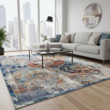 Carpettex Mavi Turuncu Modern Vintage Dijital Baskılı, Kaymaz Tabanlı, Yıkanabilir Antibakteriyel Halı Dijital