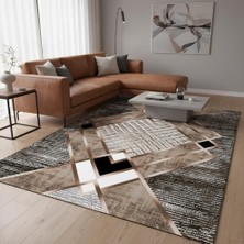 Carpettex Krem ve Bakır Renklerde Modern Geometrik Desenli Dijital Baskılı Halı – Kaymaz Tabanlı, Üçgen ve