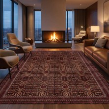 Carpettex Koyu Kahve Klasik Halı Desenli Dijital Baskılı Kaymaz Tabanlı Salon Halısı Dijital Baskı Halı 7 mm