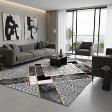 Carpettex Siyah ve Altın Renklerde Modern Geometrik Desenli Dijital Baskılı Halı – Kaymaz Tabanlı, Üçgen ve