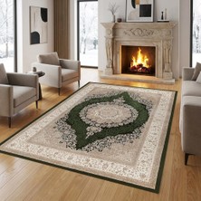 Carpettex Klasik Madalyonlu Yeşil Krem Halı Zarif Desenli, Doğal ve Zamansız Tasarım Dijital Baskı Halı 6-7 mm
